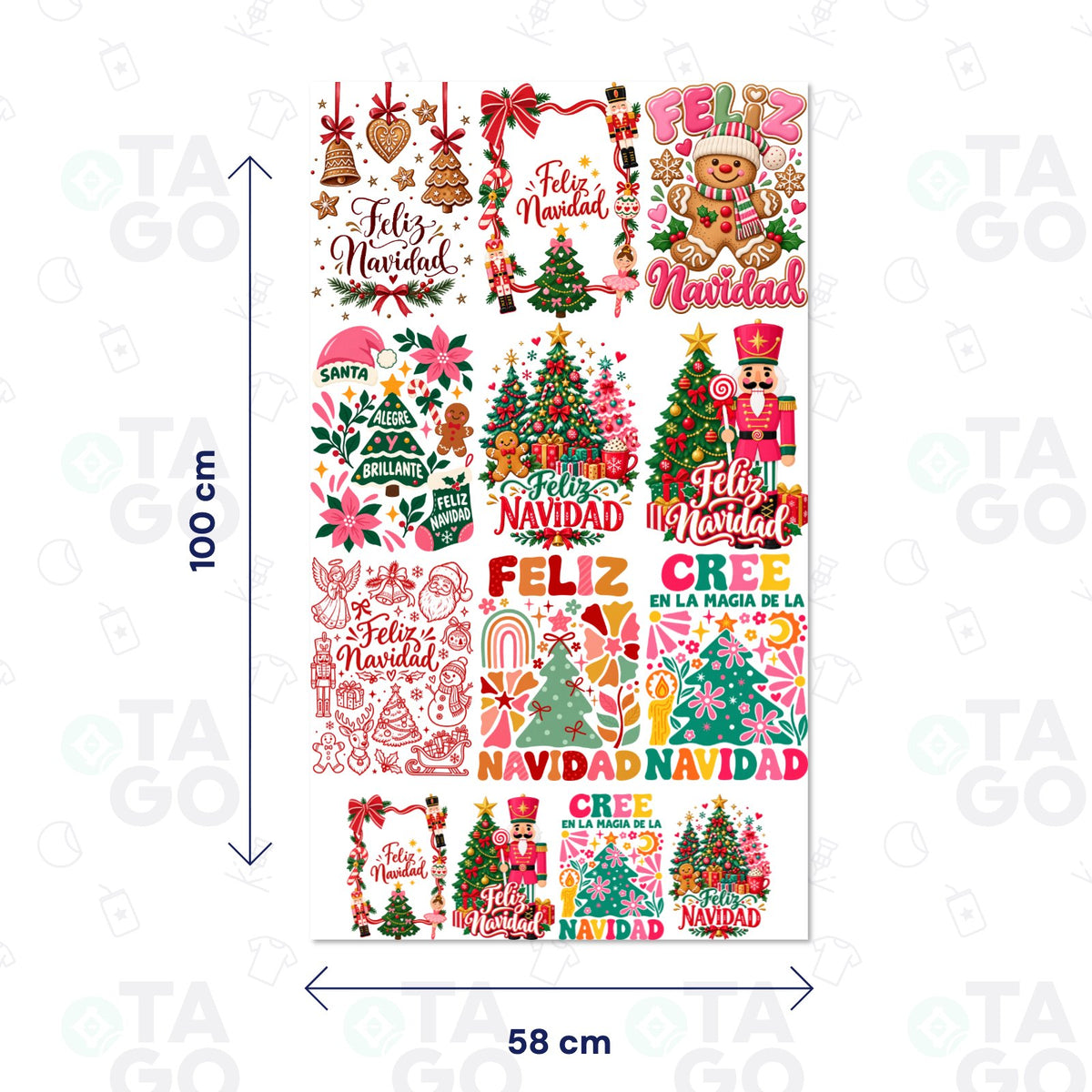 Lámina de Transfer DTF Textil de 58 × 100 cm con nueve diseños de letras Feliz Navidad en rosado, verde, rojo y dorado, con cascanueces, galletas de jengibre, árboles y flores de Pascua, más cuatro repetidos en tamaño pequeño