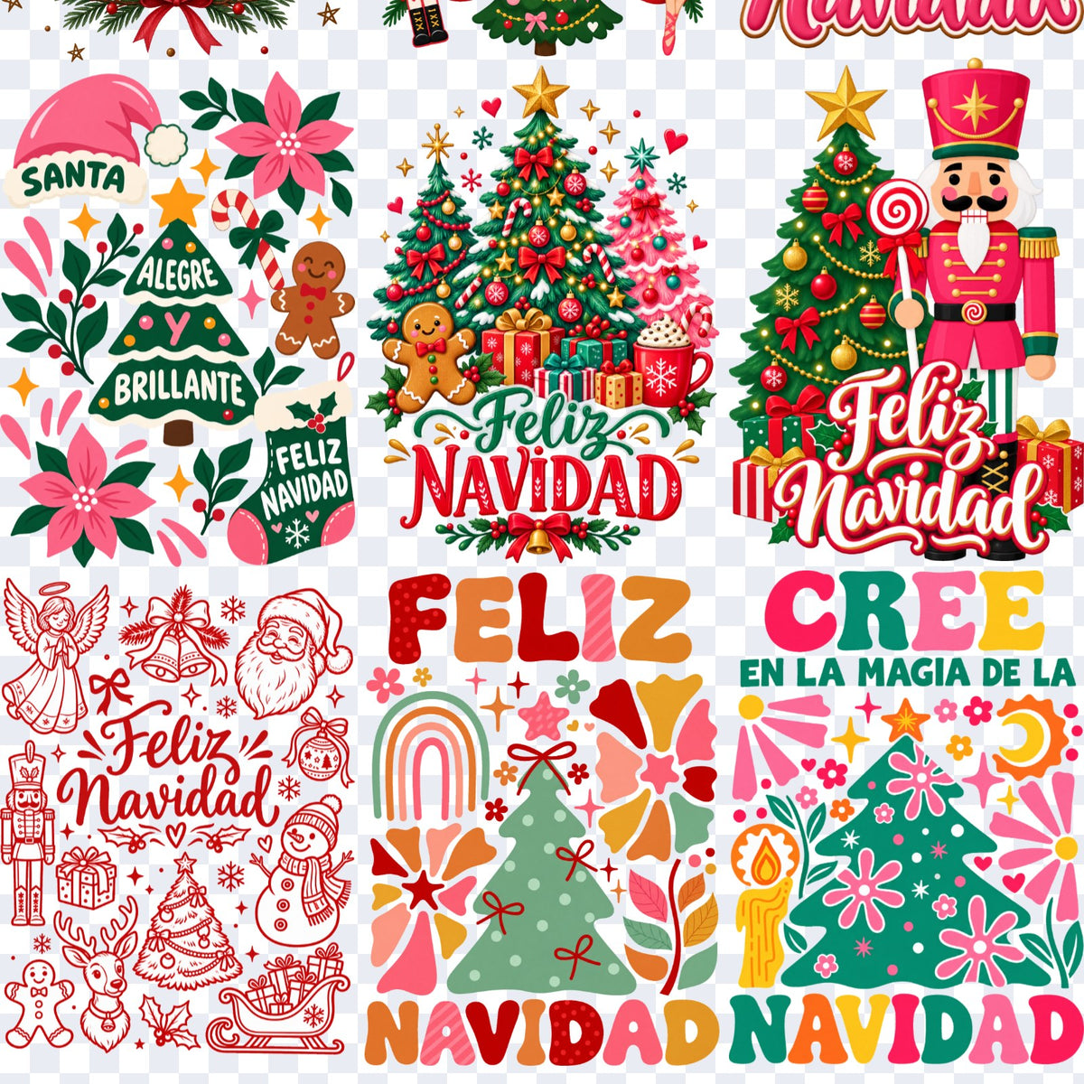 Acercamiento de la lámina Feliz Navidad: Santa Alegre y Brillante con flores de Pascua, árboles con jengibre y regalos, cascanueces rosado, Feliz Navidad en trazo rojo, FELIZ NAVIDAD retro y CREE en la magia de la Navidad
