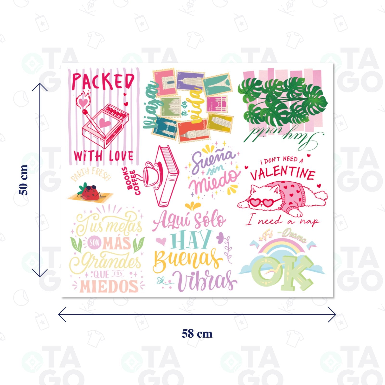 Lámina de Transfer Textil 58 × 50 cm con frases de buenas vibras en letras a mano