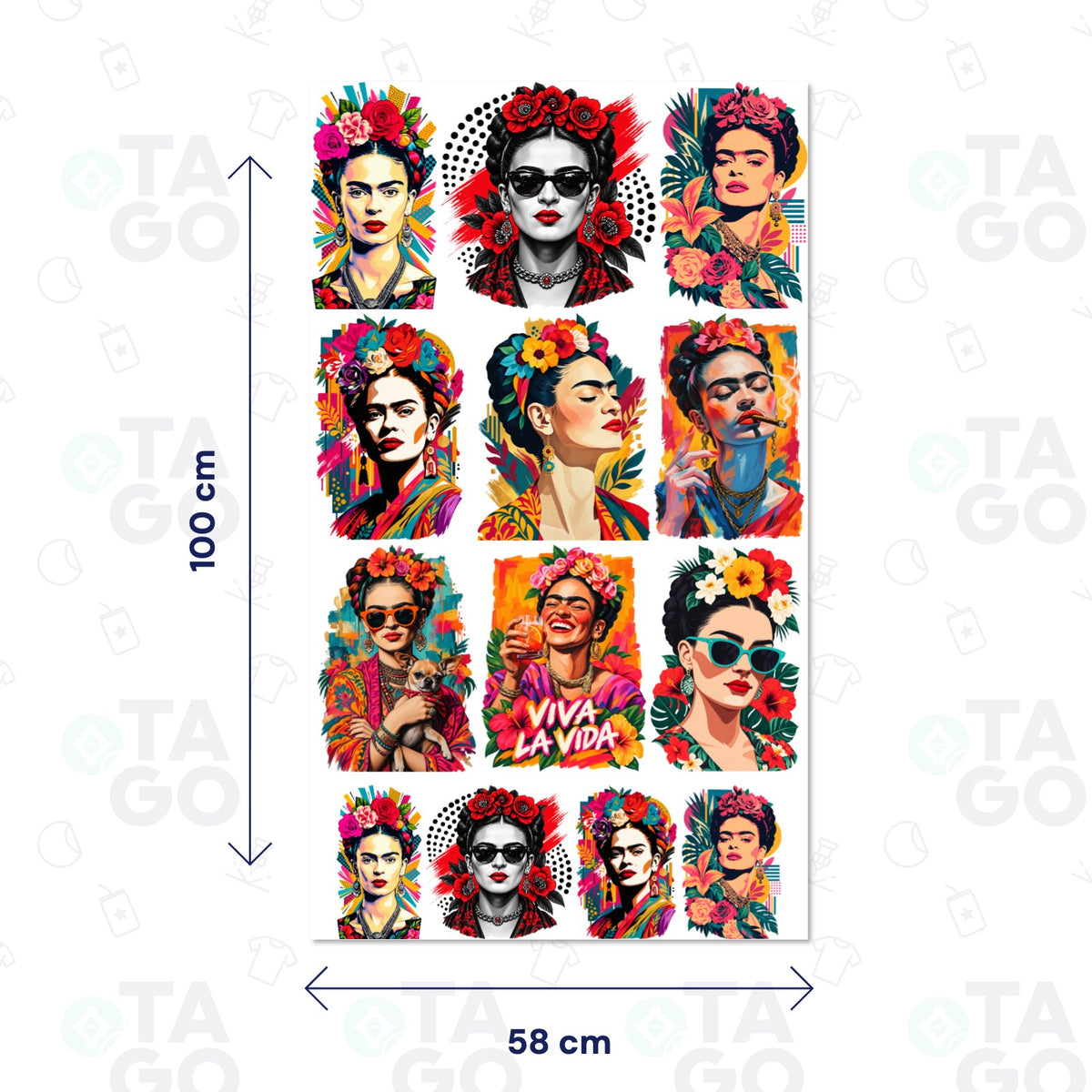 Lámina de Transfer Textil de 58 × 100 cm con nueve retratos pop de Frida Kahlo con flores, lentes, un chihuahua y la frase Viva la vida