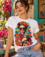 Polera blanca con el retrato de Frida Kahlo con lentes naranjos y un chihuahua en brazos