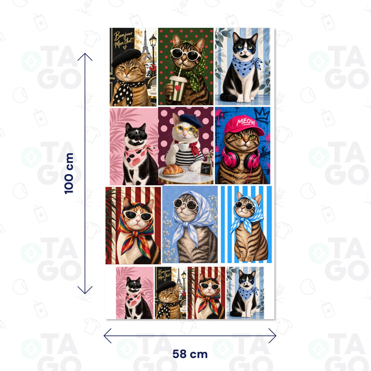Lámina de Transfer DTF Textil de 58 × 100 cm con nueve retratos de gatos con boinas, pañuelos, lentes de sol y audífonos al estilo parisino, más cuatro repetidos en tamaño pequeño