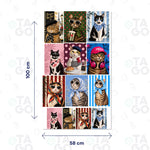 Lámina de Transfer DTF Textil de 58 × 100 cm con nueve retratos de gatos con boinas, pañuelos, lentes de sol y audífonos al estilo parisino, más cuatro repetidos en tamaño pequeño