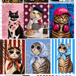 Acercamiento de la lámina Gatos con estilo II: gato con pañuelo rosado, gato con boina tomando café con un croissant, gato con jockey MEOW y audífonos, y gatos con pañuelos arcoíris y celestes