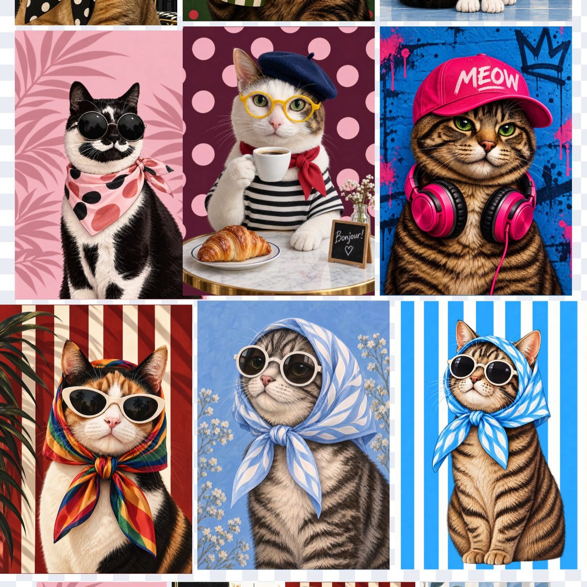 Acercamiento de la lámina Gatos con estilo II: gato con pañuelo rosado, gato con boina tomando café con un croissant, gato con jockey MEOW y audífonos, y gatos con pañuelos arcoíris y celestes