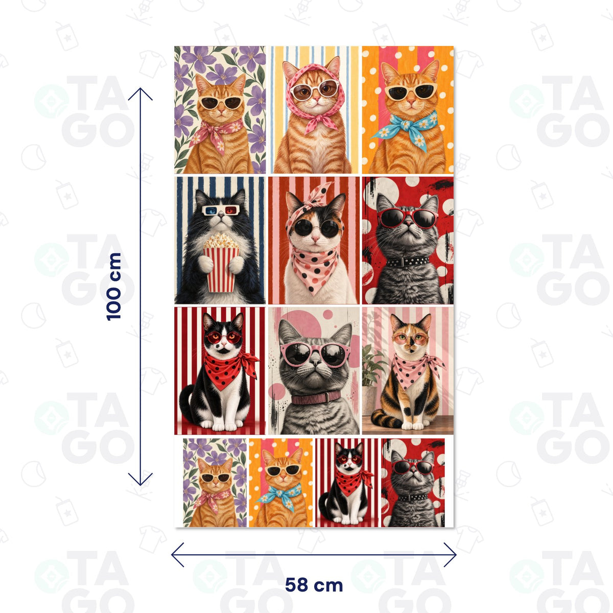 Lámina de Transfer DTF Textil de 58 × 100 cm con nueve retratos de gatos con lentes de sol y pañuelos sobre fondos de flores, rayas y lunares, más cuatro repetidos en tamaño pequeño