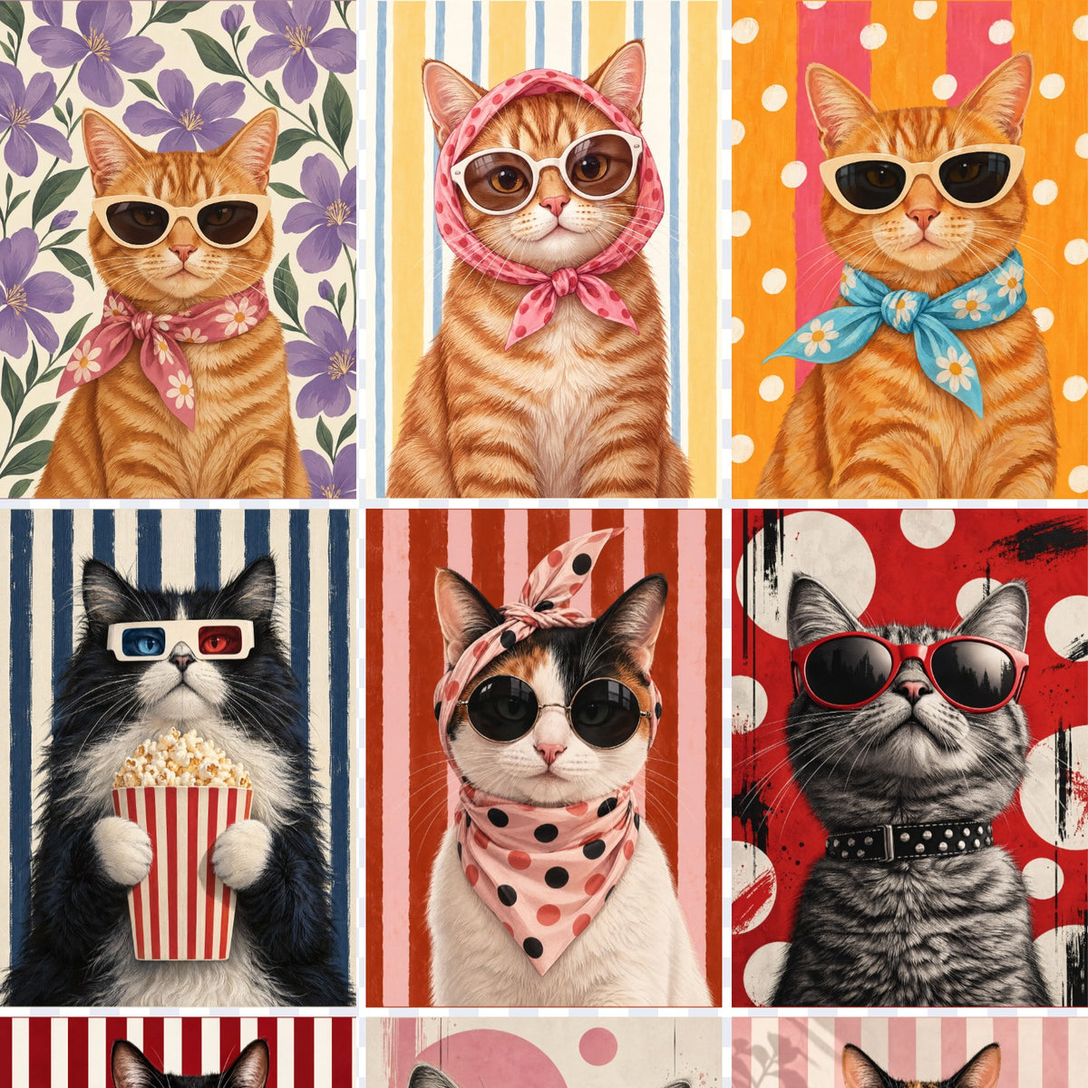 Acercamiento de la lámina Gatos con estilo: gatos naranjos con pañuelos de flores y lunares, un gato con lentes 3D y cabritas, un gato con bandana rosada y un gato gris con lentes rojos