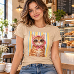 Polera beige con el gato naranjo de pañuelo rosado de lunares y lentes de sol sobre rayas amarillas, estampado con la lámina Gatos con estilo