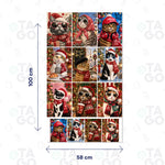 Lámina de Transfer DTF Textil de 58 × 100 cm con nueve retratos de gatos con gorro de Pascuero, boinas, pañuelos, lentes y audífonos entre adornos de Navidad, más cuatro repetidos en tamaño pequeño