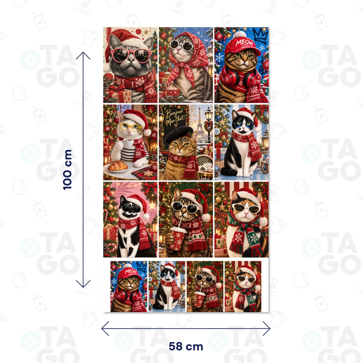 Lámina de Transfer DTF Textil de 58 × 100 cm con nueve retratos de gatos con gorro de Pascuero, boinas, pañuelos, lentes y audífonos entre adornos de Navidad, más cuatro repetidos en tamaño pequeño