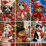 Acercamiento de la lámina Gatos navideños II: gato gris con lentes rosados, gato con pañuelo rojo en la cabeza, gato con jockey MEOW y audífonos, gato con café y croissant, gato con boina frente a la Torre Eiffel y gato de esmoquin con lentes azules