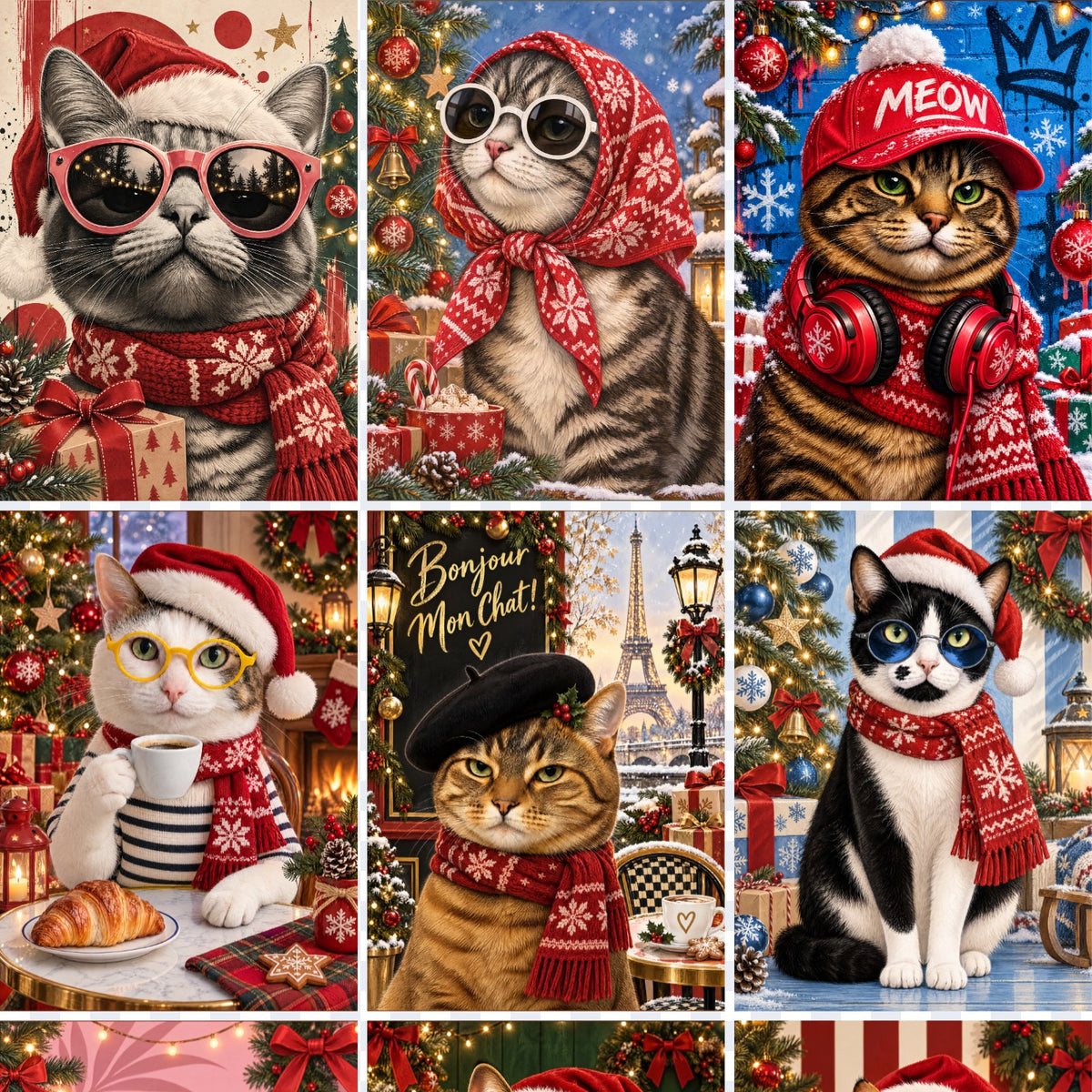 Acercamiento de la lámina Gatos navideños II: gato gris con lentes rosados, gato con pañuelo rojo en la cabeza, gato con jockey MEOW y audífonos, gato con café y croissant, gato con boina frente a la Torre Eiffel y gato de esmoquin con lentes azules