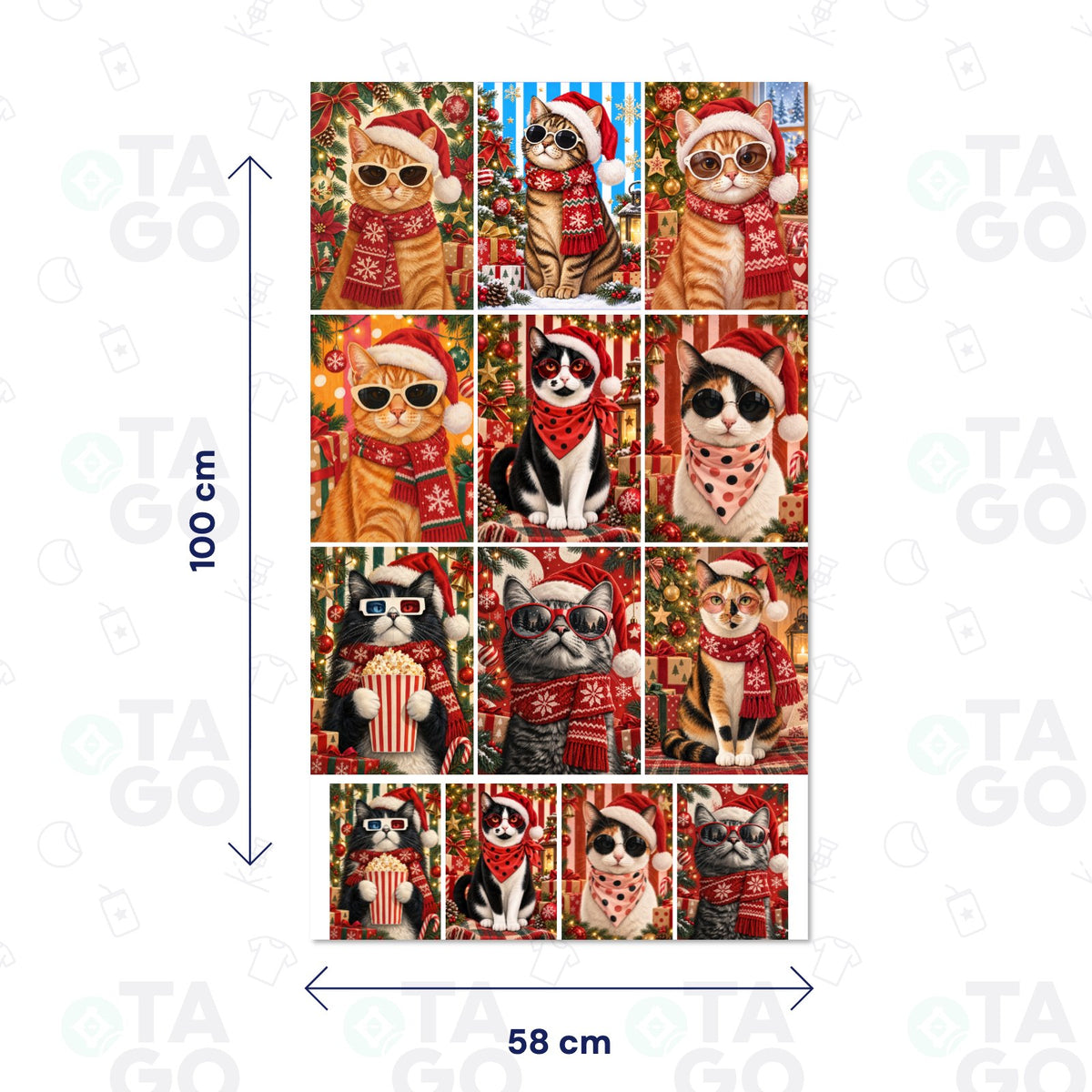 Lámina de Transfer DTF Textil de 58 × 100 cm con nueve retratos de gatos con gorro de Pascuero, lentes de sol y bufandas rojas entre adornos de Navidad, más cuatro repetidos en tamaño pequeño