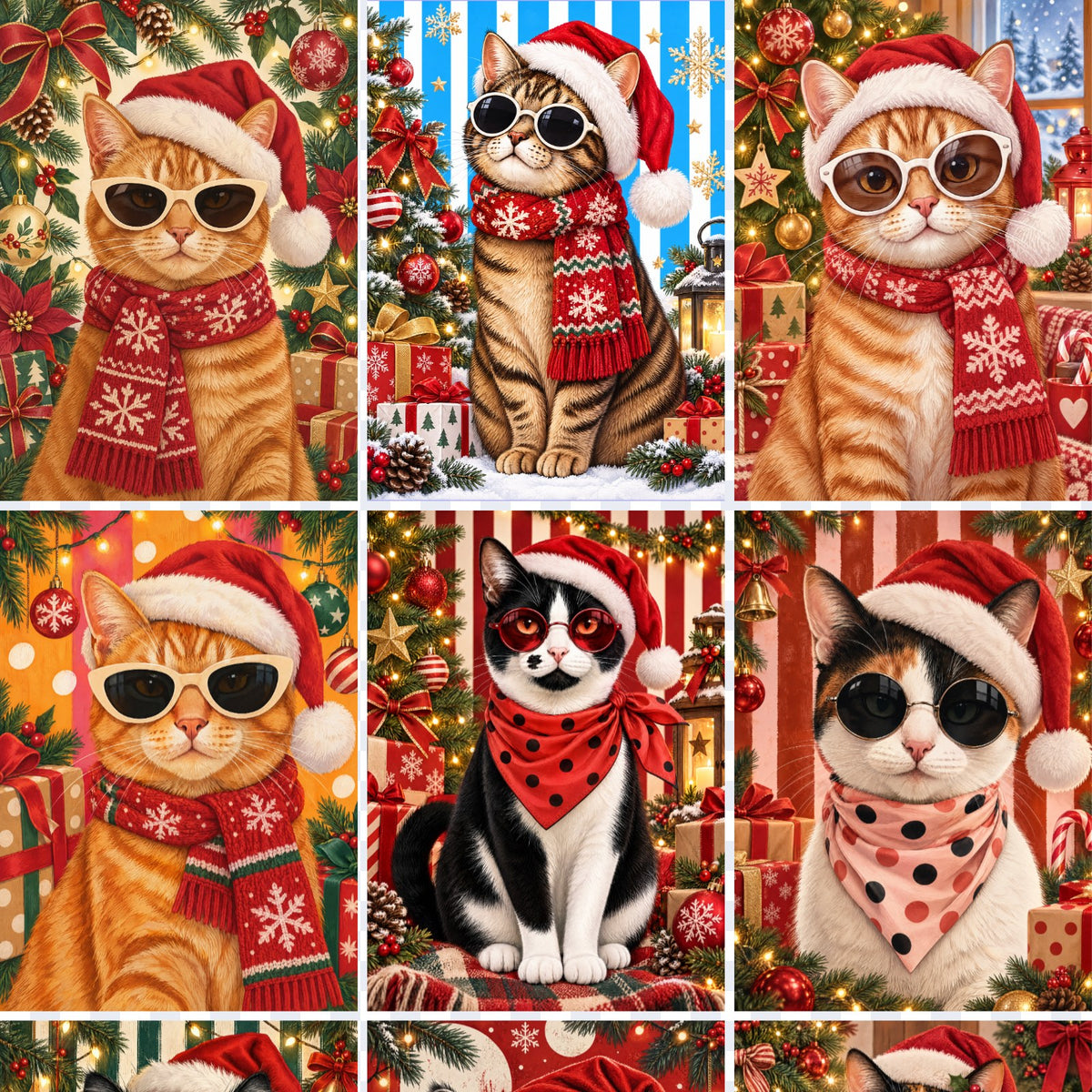 Acercamiento de la lámina Gatos navideños: gatos naranjos con gorro de Pascuero y bufanda de copos de nieve, gato de esmoquin con pañuelo rojo y gata calicó con pañuelo rosado