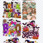 Acercamiento de la lámina Halloween Spooky: Trick or Treat, esqueletos y fantasmitas con flores, BOO y Spooky con fantasmas bruja