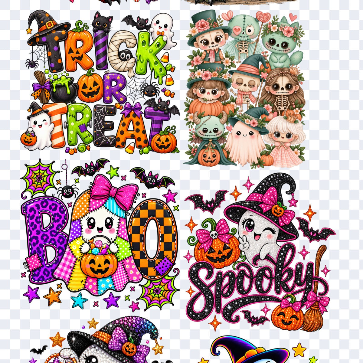 Acercamiento de la lámina Halloween Spooky: Trick or Treat, esqueletos y fantasmitas con flores, BOO y Spooky con fantasmas bruja