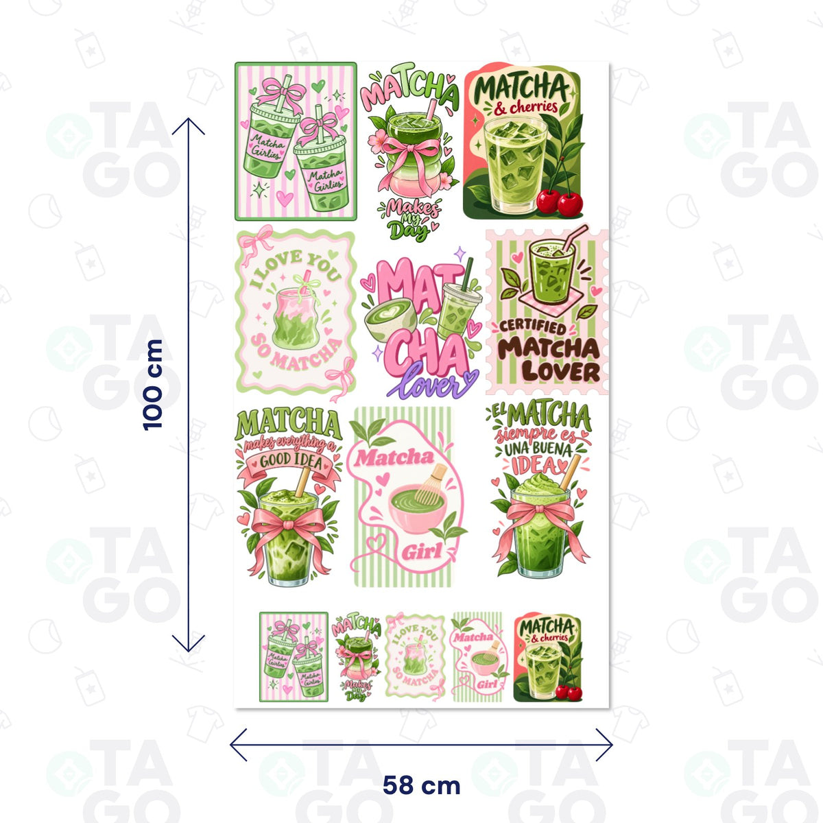 Lámina de Transfer Textil de 58 × 100 cm con diseños de matcha en verde y rosado: vasos, bowls, lazos y frases como Matcha lover, Matcha Girl y Matcha & cherries