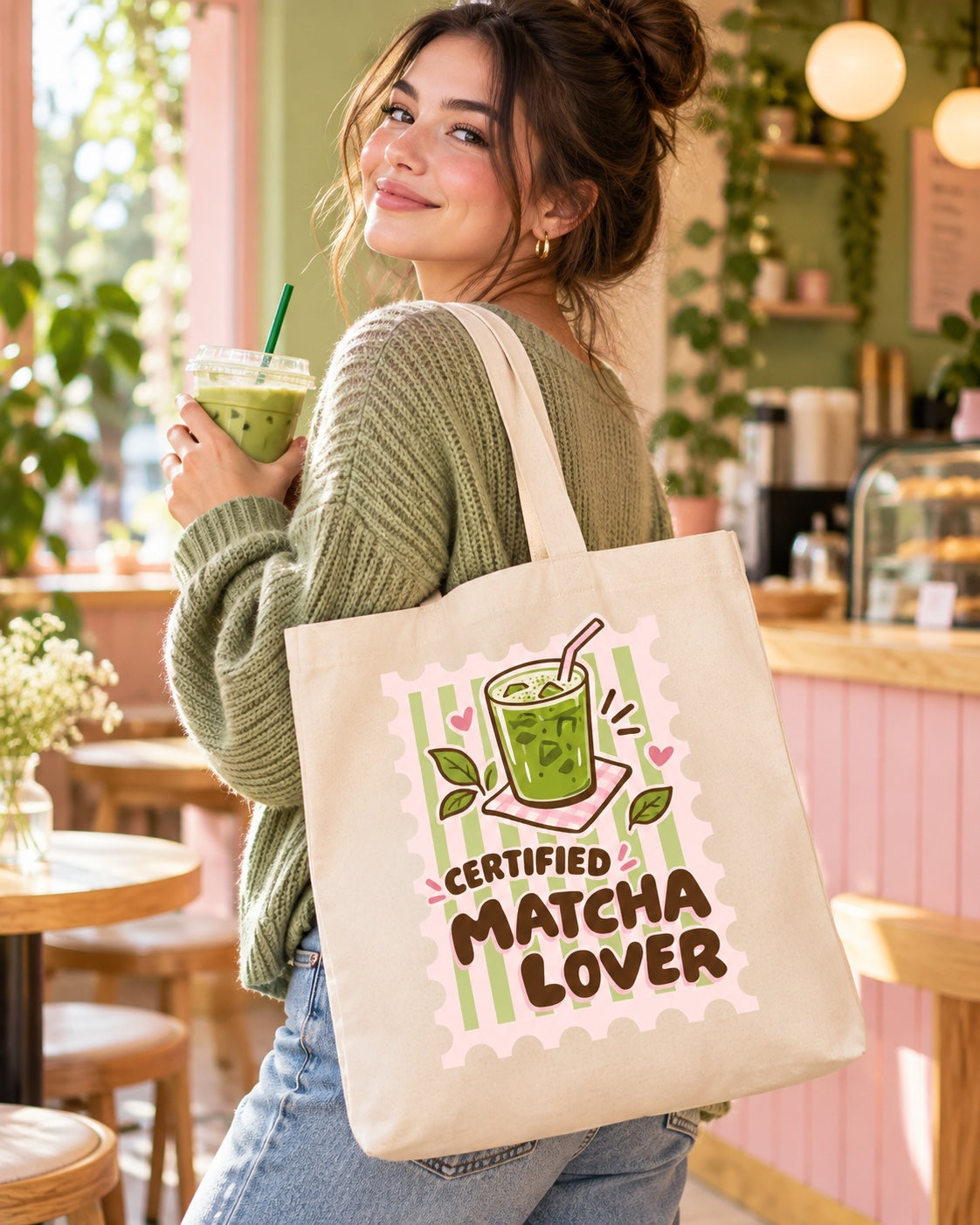 Bolsa tote con el diseño Certified Matcha Lover de la lámina Matcha Lover, en una cafetería con un vaso de matcha