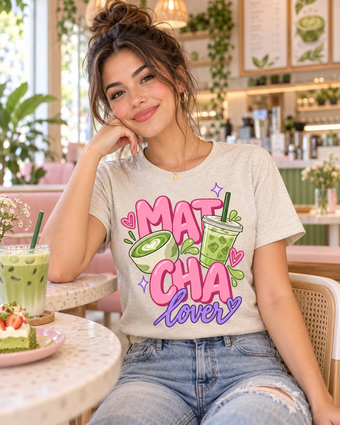 Polera beige con el diseño Matcha lover de la lámina Matcha Lover, en una cafetería con un vaso de matcha y un trozo de torta