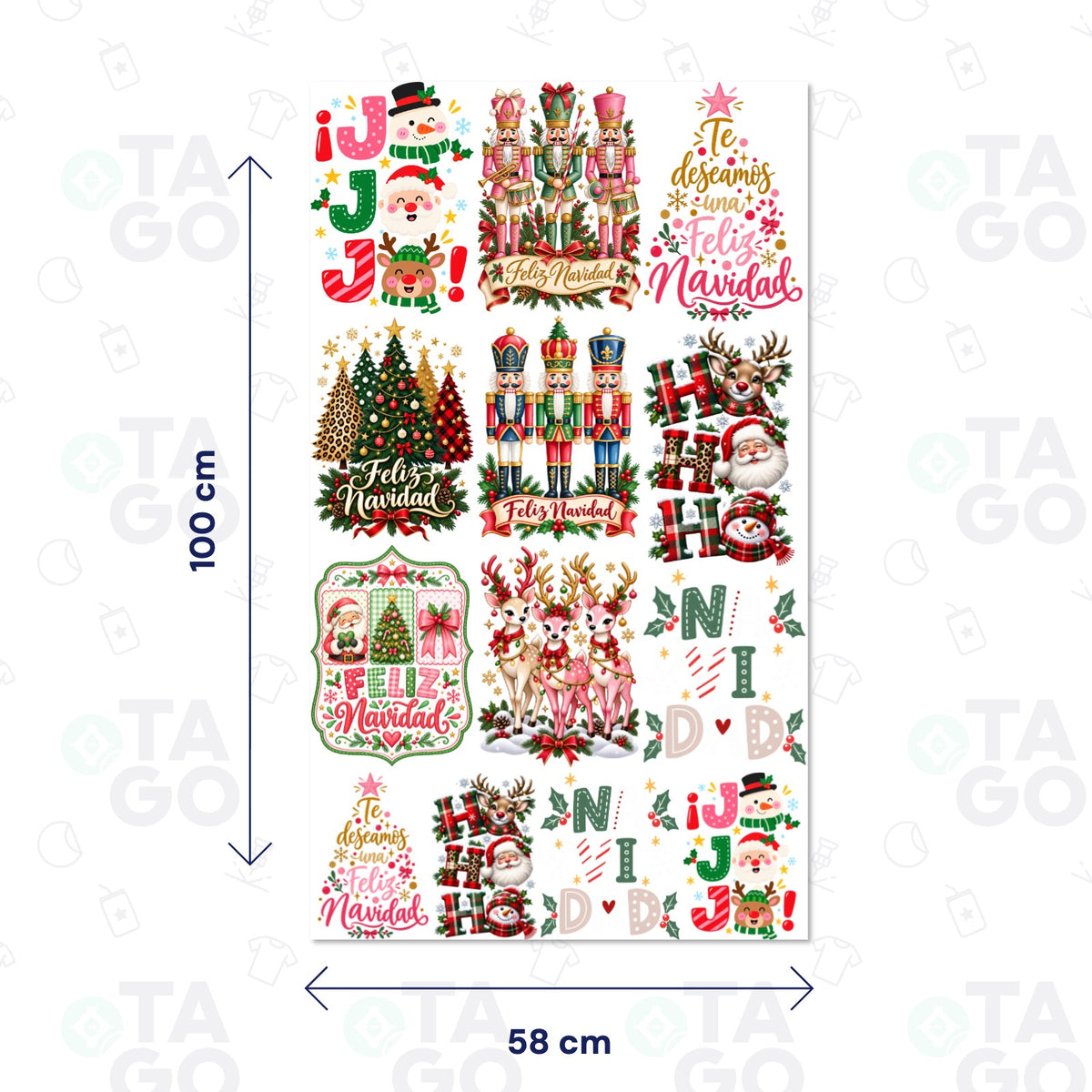 Lámina de Transfer DTF Textil de 58 × 100 cm con nueve diseños navideños: JO JO JO, cascanueces, Te deseamos una Feliz Navidad, arbolitos, HO HO HO, renos y NAVIDAD en letras de colores, más cuatro repetidos en tamaño pequeño