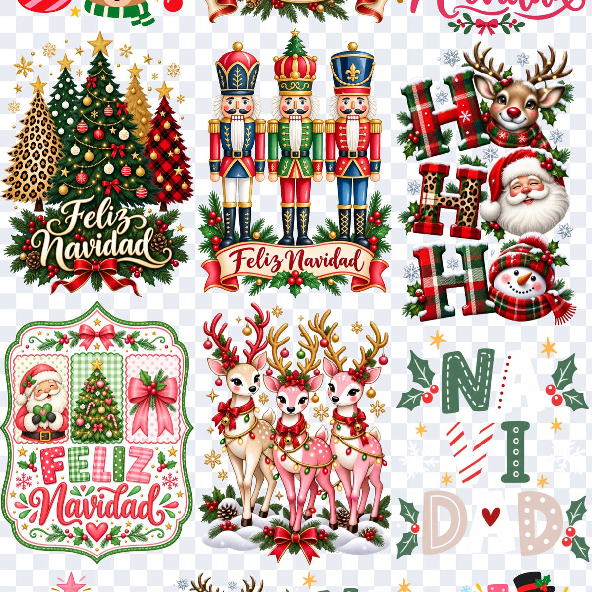 Acercamiento de la lámina Navidad clásica: tres arbolitos con Feliz Navidad, cascanueces azules y rojos, HO HO HO escocés, marco con Viejito Pascuero, tres renos y NAVIDAD en letras de colores