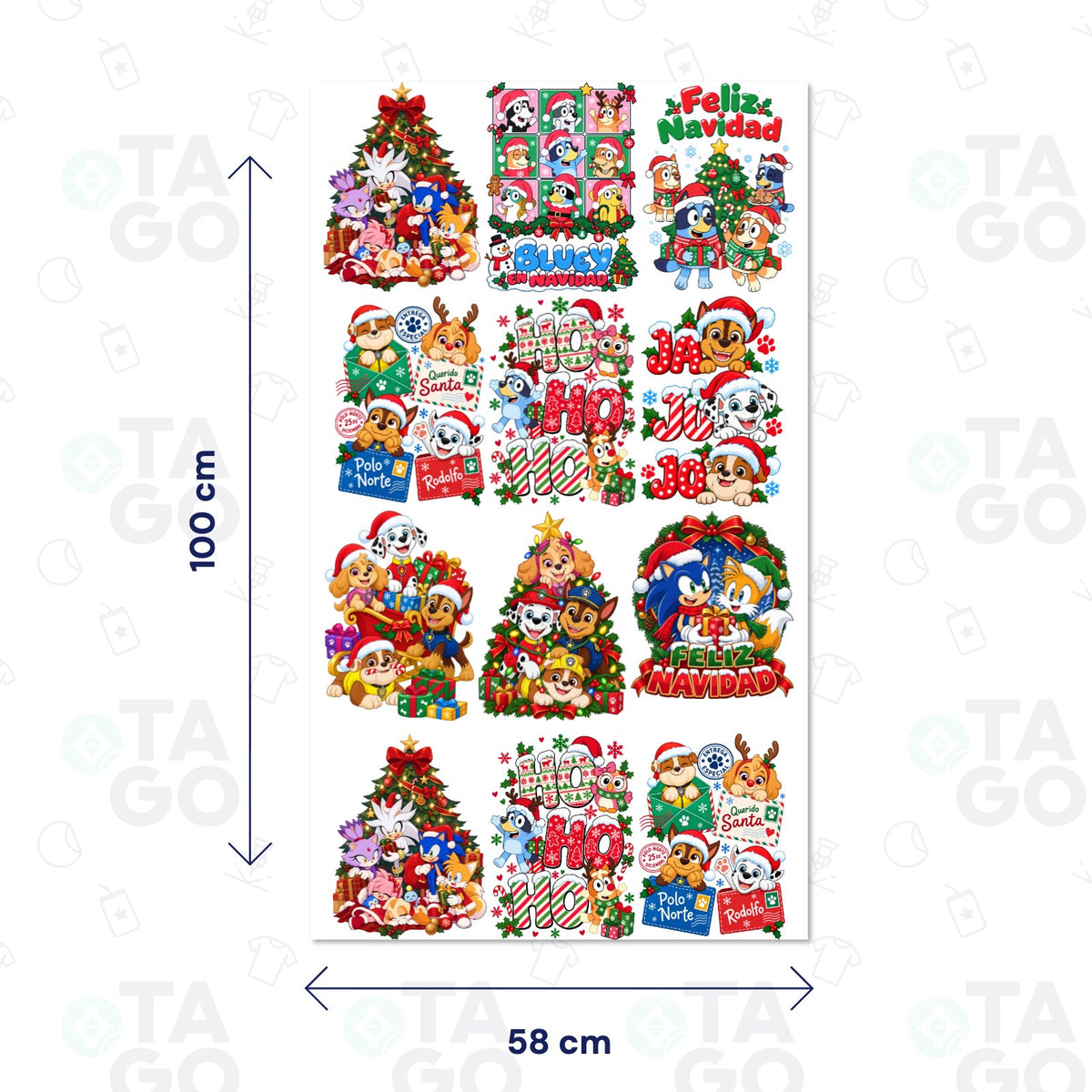 Lámina de Transfer DTF Textil de 58 × 100 cm con nueve diseños navideños de personajes animados: Sonic y sus amigos, Bluey en Navidad, cachorros rescatistas con cartas al Polo Norte, HO HO HO y JA JU JO, más tres repetidos en tamaño pequeño