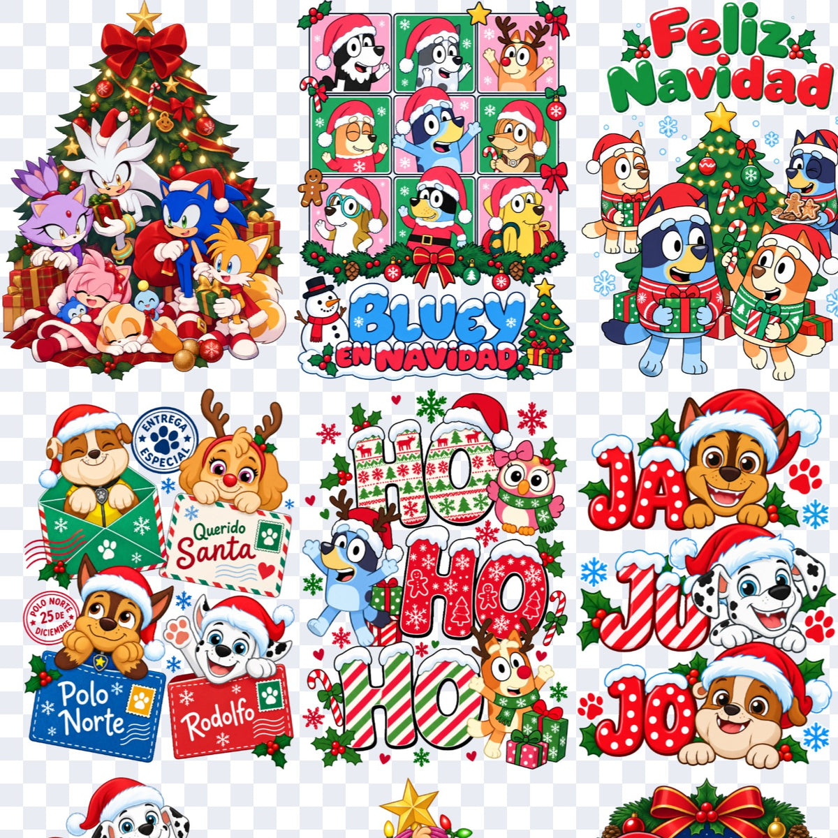 Acercamiento de la lámina Navidad Personajes: Sonic y sus amigos junto al árbol, Bluey en Navidad, Feliz Navidad con la familia de Bluey, cachorros con cartas al Polo Norte, HO HO HO y JA JU JO