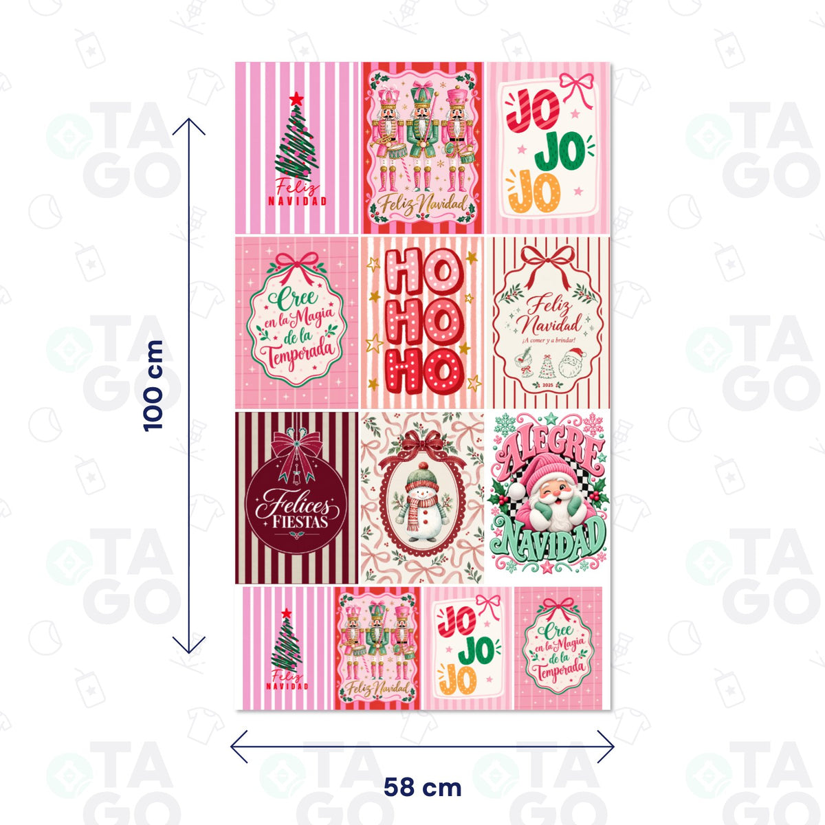 Lámina de Transfer DTF Textil de 58 × 100 cm con nueve tarjetas navideñas en rosado, rojo y verde: Feliz Navidad, cascanueces, JO JO JO, HO HO HO, Felices Fiestas, muñeco de nieve y Alegre Navidad, más cuatro repetidas en tamaño pequeño