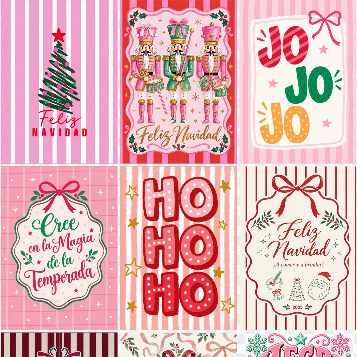 Acercamiento de la lámina Navidad rosa: árbol con Feliz Navidad, tres cascanueces, JO JO JO, Cree en la magia de la temporada, HO HO HO y Feliz Navidad ¡A comer y a brindar!