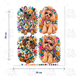 Lámina de Transfer Textil 58 × 50 cm con cuatro perros de cuerpo entero estilo flower power