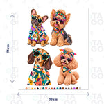 Lámina de Transfer Textil 58 × 50 cm con cuatro perros de cuerpo entero recortados, sin fondo