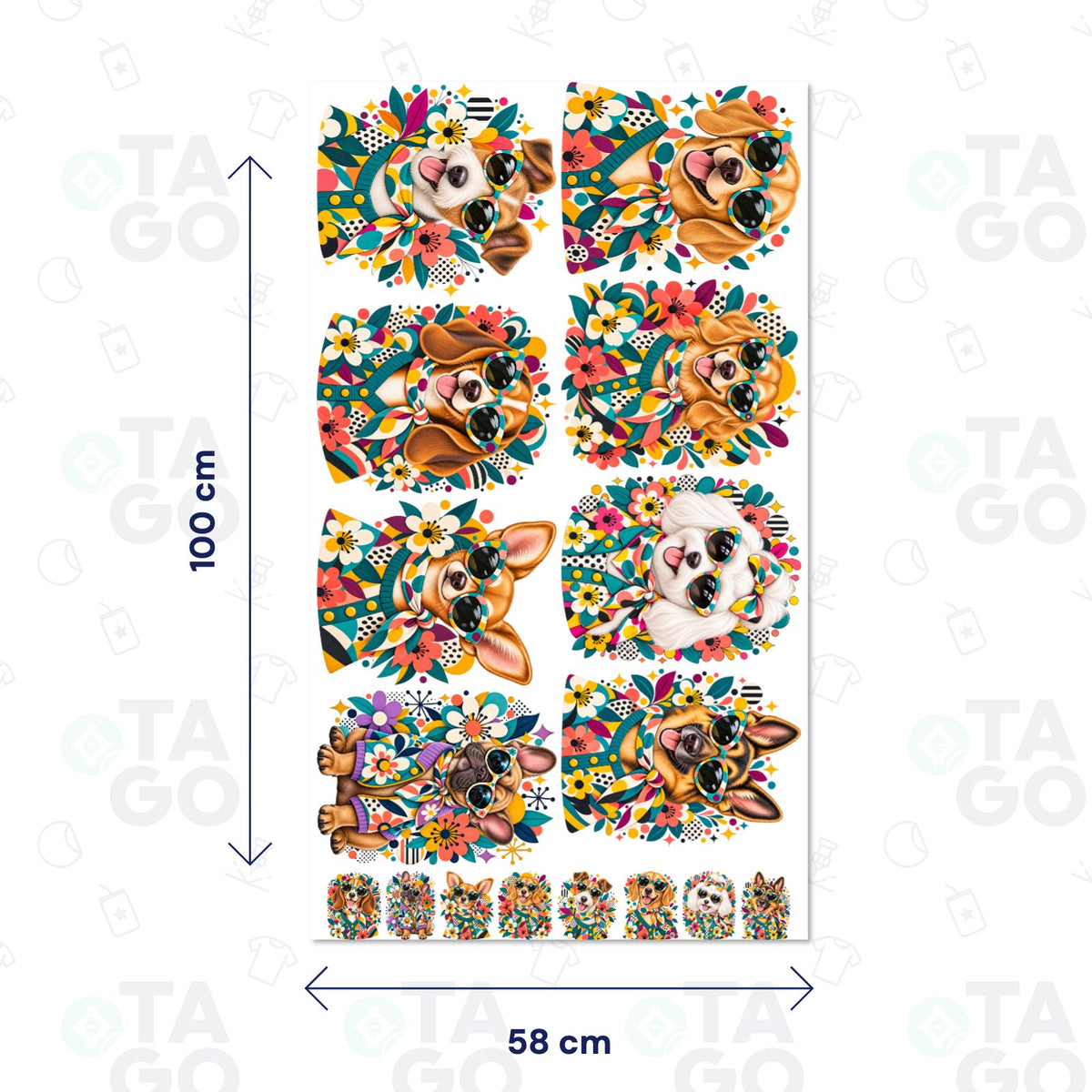 Lámina de Transfer DTF Textil de 58 × 100 cm con ocho retratos de perros estilo flower power con lentes de sol y flores, en grande y en chico