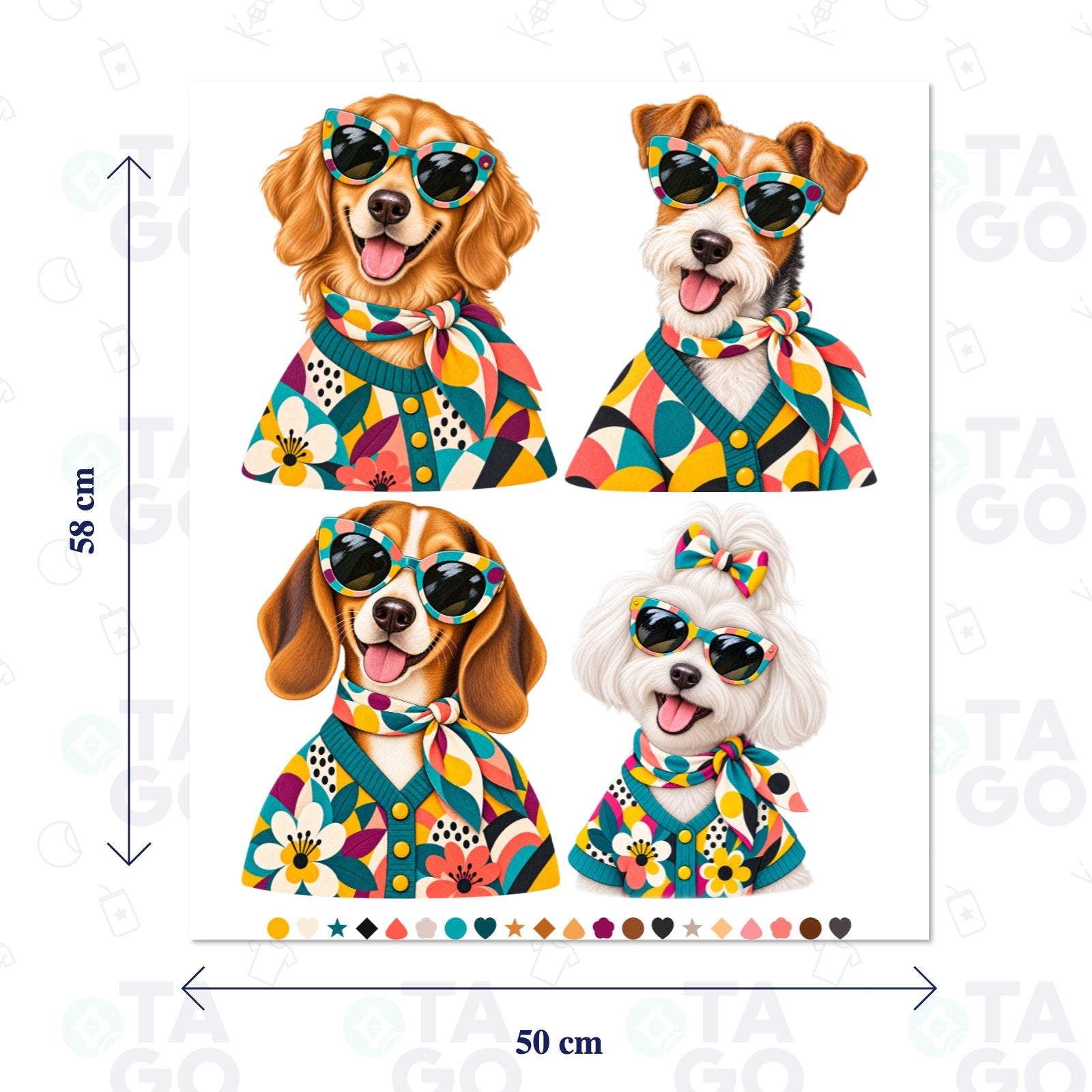 Lámina de Transfer Textil 58 × 50 cm con retratos de perros recortados, sin fondo