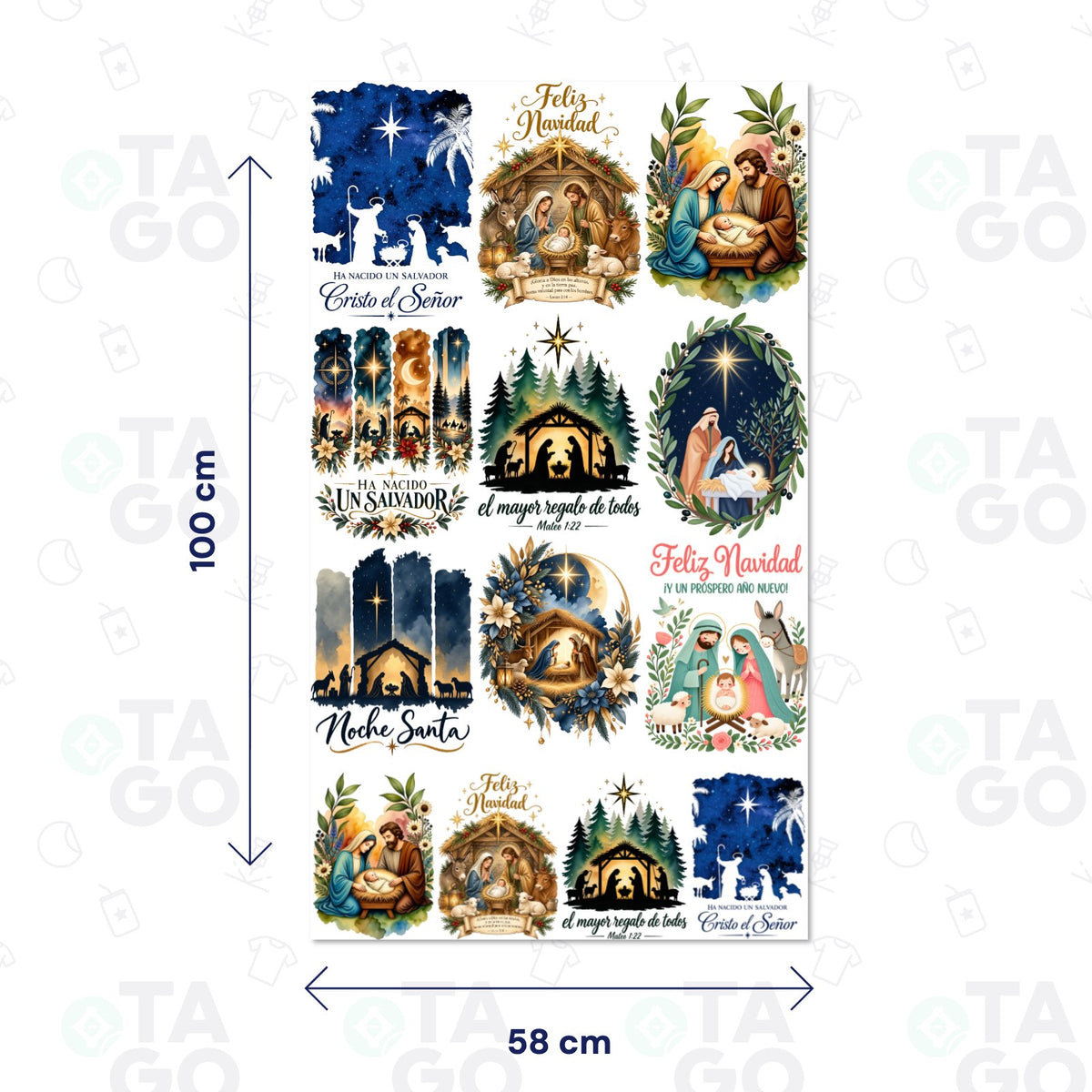 Lámina de Transfer DTF Textil de 58 × 100 cm con nueve diseños del pesebre y la Sagrada Familia en acuarela: Ha nacido un Salvador, Feliz Navidad con el establo, Noche Santa, el mayor regalo de todos y coronas de olivo y flores de Pascua, más cuatro repetidos en tamaño pequeño