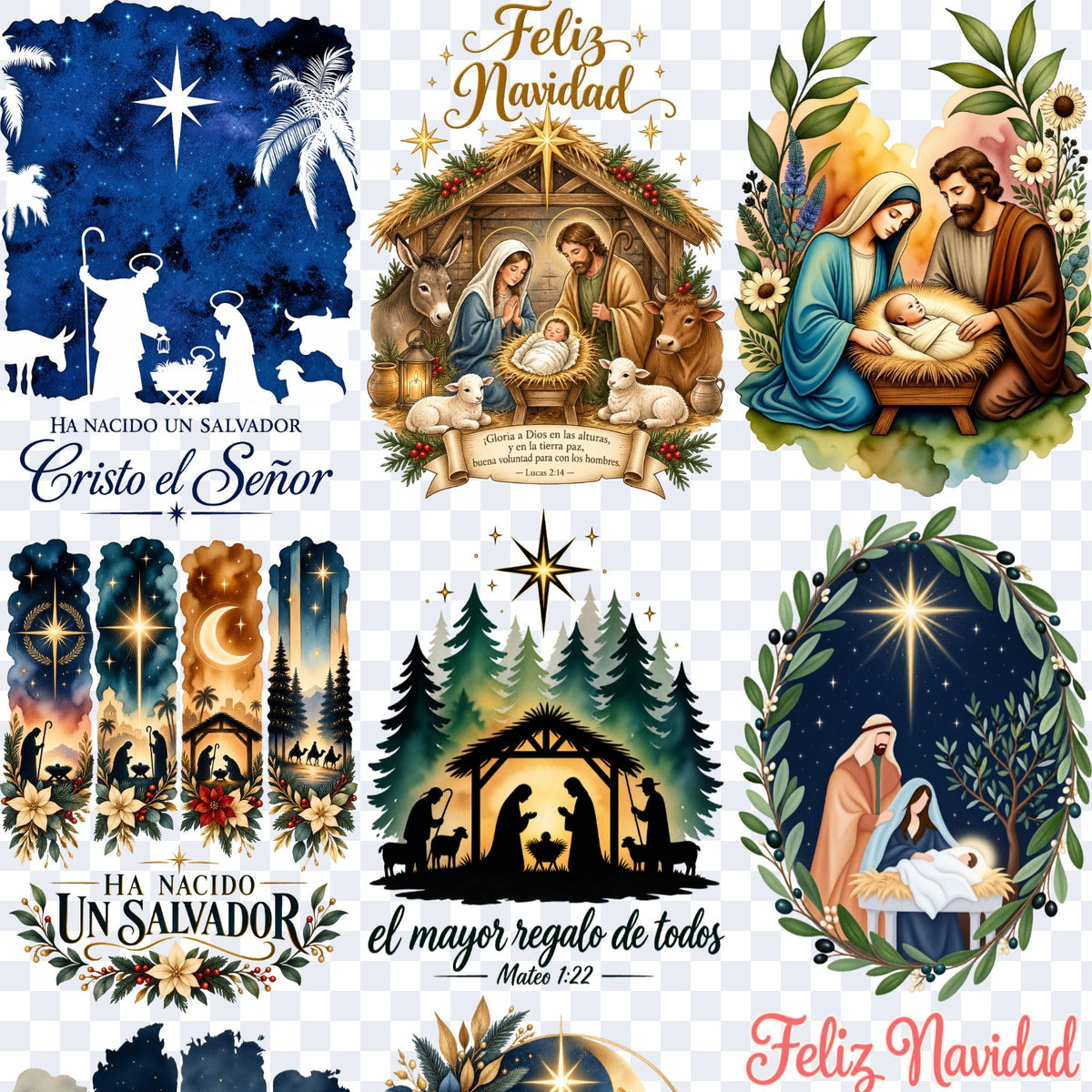 Acercamiento de la lámina Pesebre de Navidad: Cristo el Señor con la noche estrellada, Feliz Navidad con el pesebre y Lucas 2:14, la Sagrada Familia entre flores, las franjas de Ha nacido un Salvador, el mayor regalo de todos entre pinos y la corona de olivo