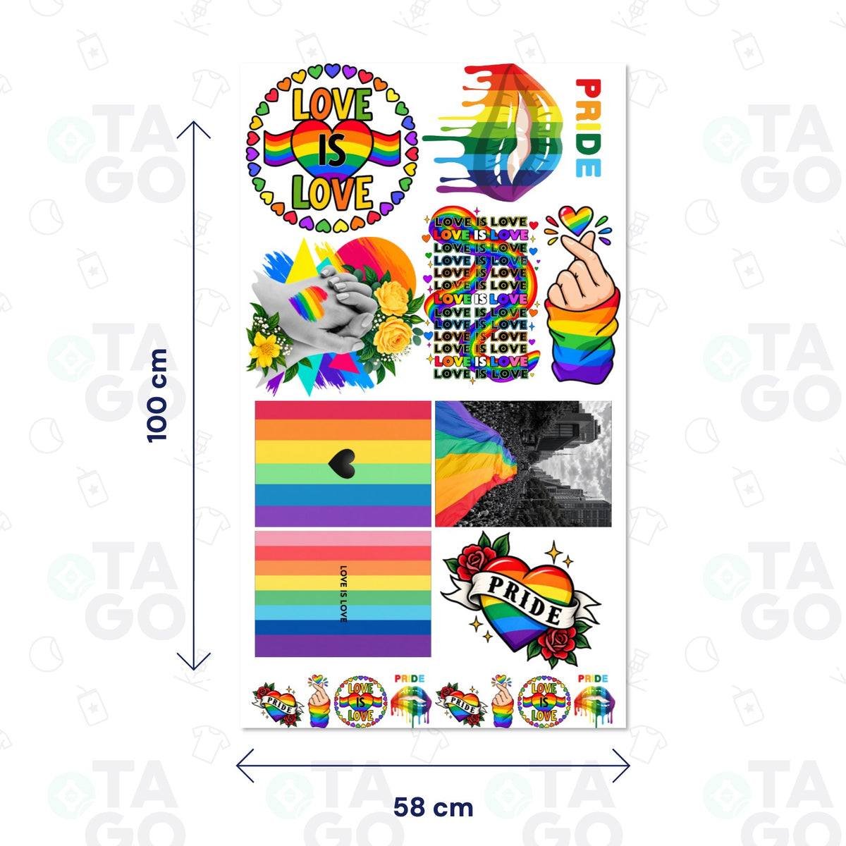 Lámina de Transfer DTF Textil de 58 × 100 cm con nueve diseños del orgullo en arcoíris: LOVE IS LOVE, labios PRIDE, manos tomadas, banderas, corazón con los dedos y corazón tatuaje, más ocho pequeños