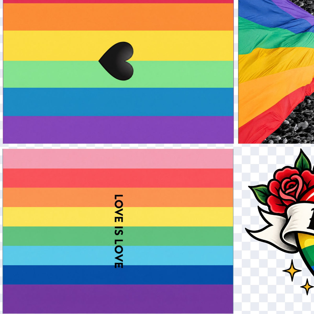 Acercamiento de la lámina Pride II: bandera arcoíris con corazón negro, bandera ondeando sobre la ciudad en blanco y negro, bandera pastel con LOVE IS LOVE y corazón tatuaje con rosas
