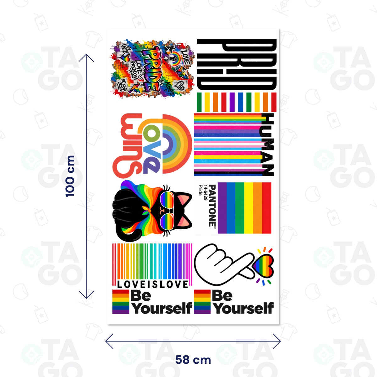 Lámina de Transfer DTF Textil de 58 × 100 cm con diez diseños del orgullo en arcoíris: PRIDE en grafiti, Love Wins, HUMAN, gato con melena arcoíris, Pantone Pride, LOVE IS LOVE y Be Yourself