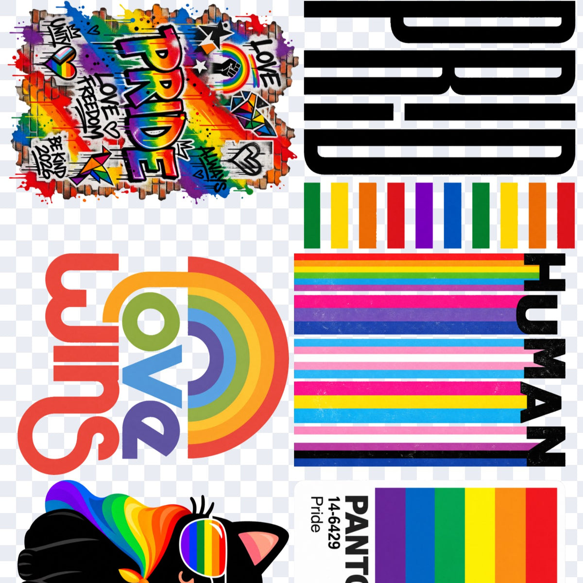 Acercamiento de la lámina Pride: PRIDE en grafiti sobre ladrillos, PRIDE en letras negras con barras de colores, Love Wins con arcoíris, HUMAN sobre franjas de banderas, gato con melena arcoíris y muestra Pantone Pride