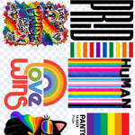 Acercamiento de la lámina Pride: PRIDE en grafiti sobre ladrillos, PRIDE en letras negras con barras de colores, Love Wins con arcoíris, HUMAN sobre franjas de banderas, gato con melena arcoíris y muestra Pantone Pride