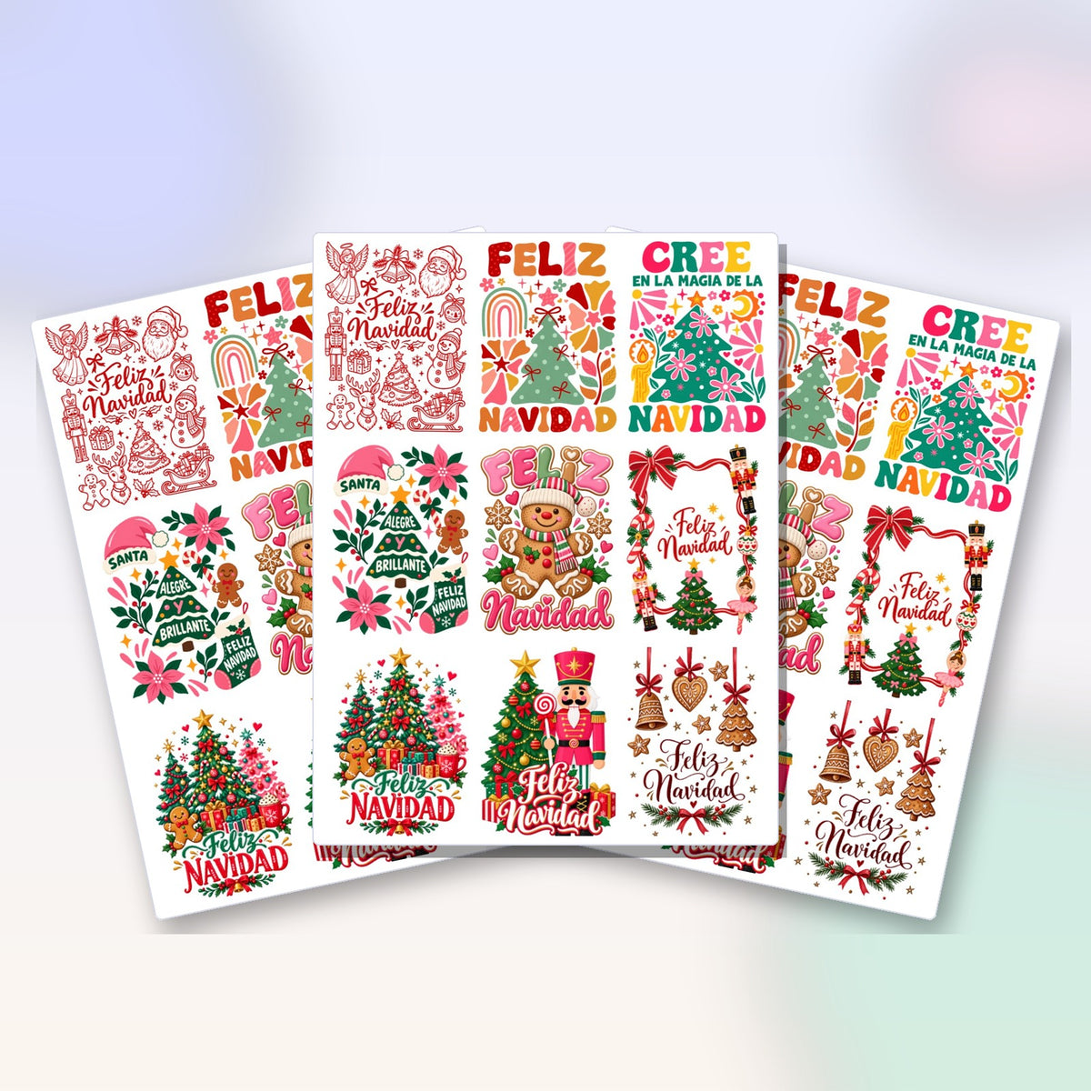 Las 3 láminas de Transfer DTF UV Feliz Navidad que trae el pack