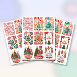 Las 3 láminas de Transfer DTF UV Feliz Navidad que trae el pack