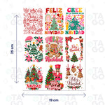 Lámina de Transfer DTF UV Feliz Navidad, 19 × 25 cm, con 9 stickers