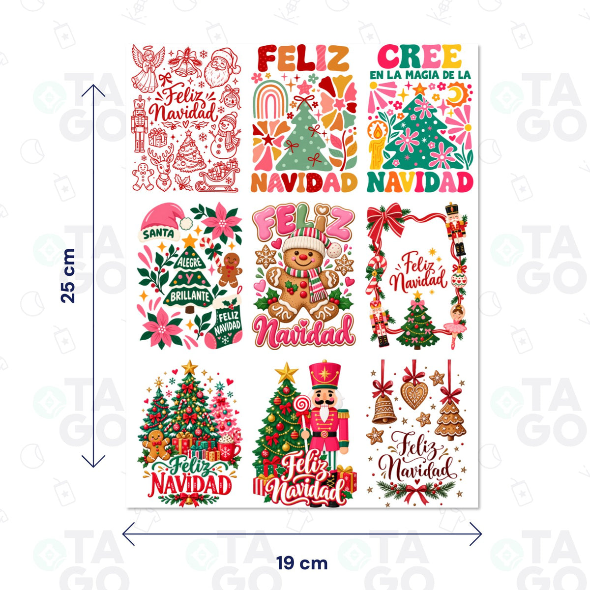 Lámina de Transfer DTF UV Feliz Navidad, 19 × 25 cm, con 9 stickers