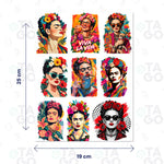 Lámina de Transfer DTF UV Frida, 19 × 25 cm, con 9 stickers