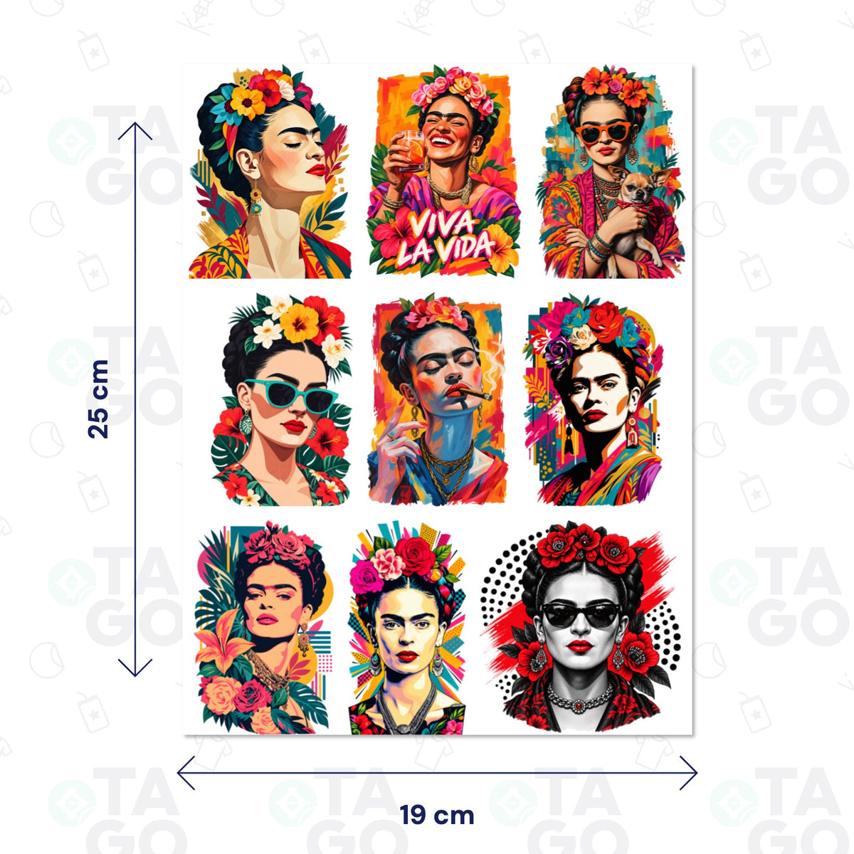 Lámina de Transfer DTF UV Frida, 19 × 25 cm, con 9 stickers