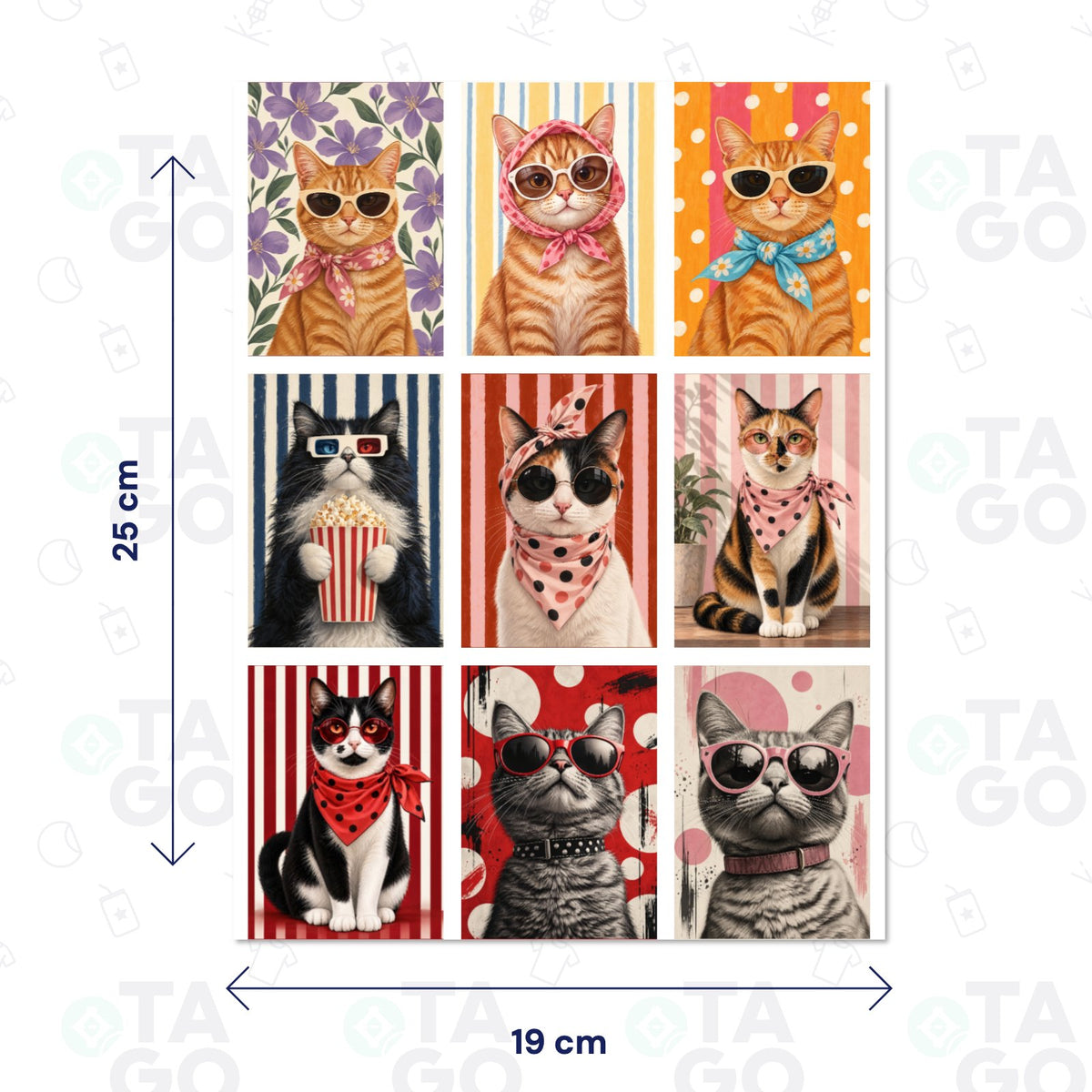 Lámina de Transfer DTF UV Gatos con estilo, 19 × 25 cm, con 9 stickers