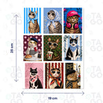 Lámina de Transfer DTF UV Gatos con estilo II, 19 × 25 cm, con 9 stickers