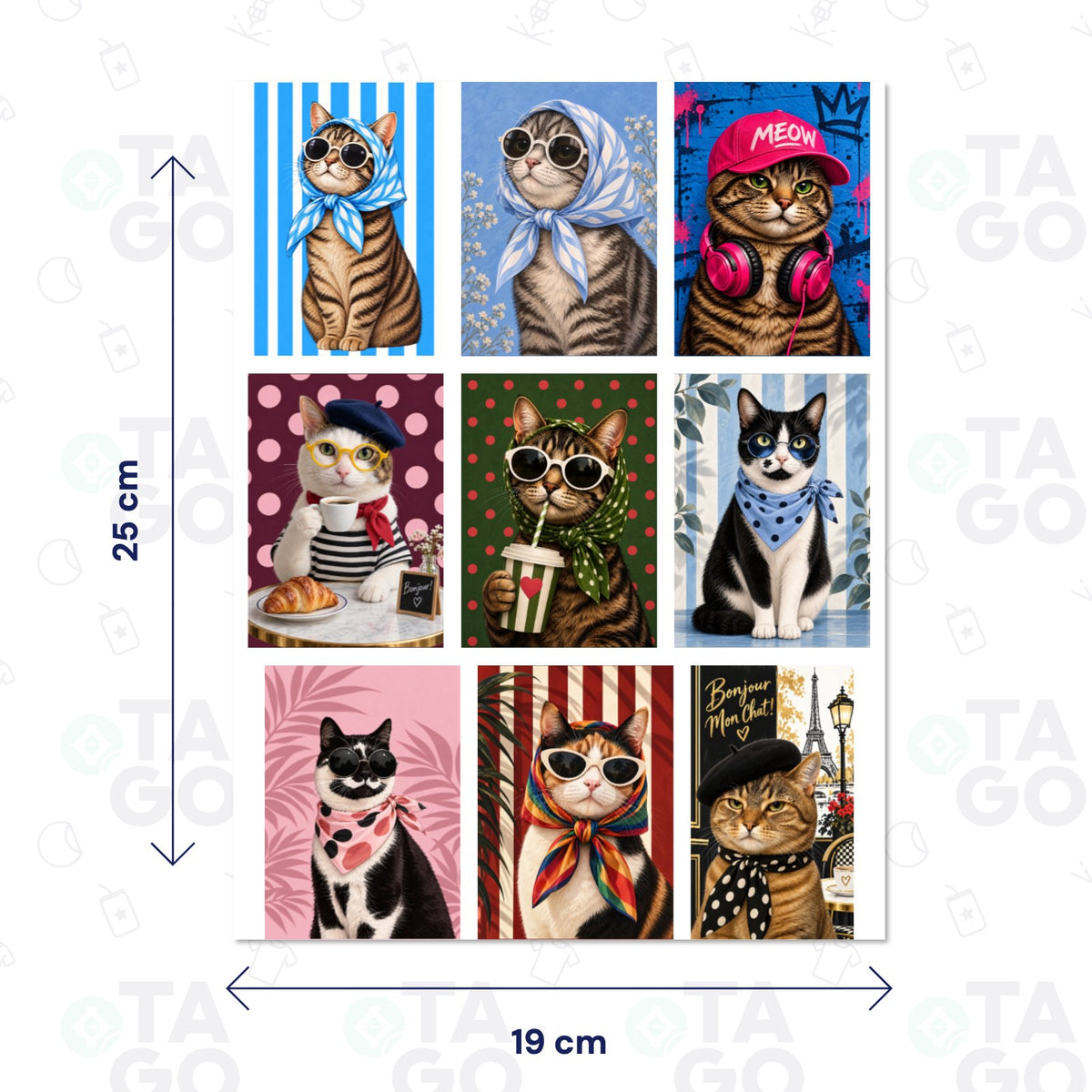 Lámina de Transfer DTF UV Gatos con estilo II, 19 × 25 cm, con 9 stickers