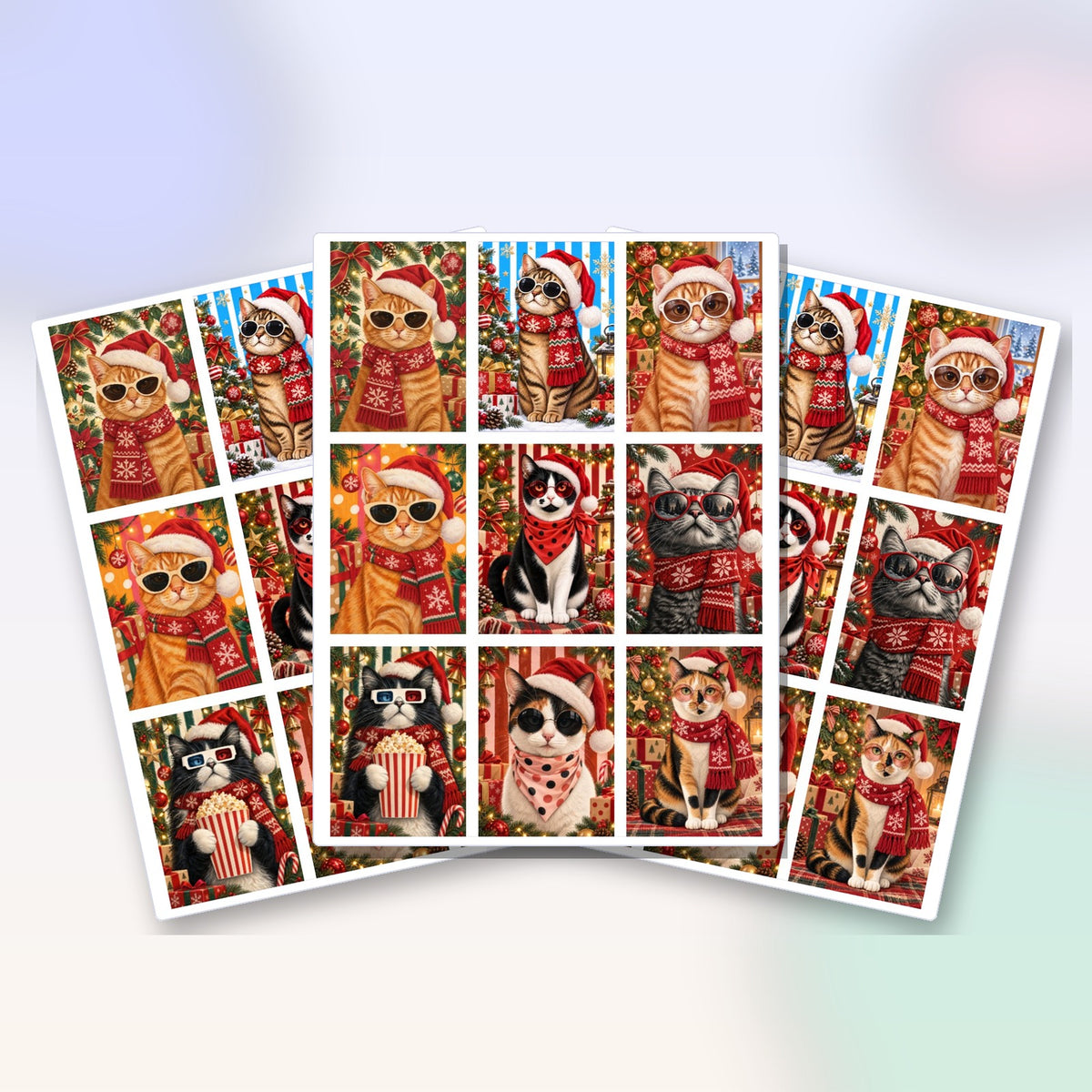 Las 3 láminas de Transfer DTF UV Gatos navideños que trae el pack
